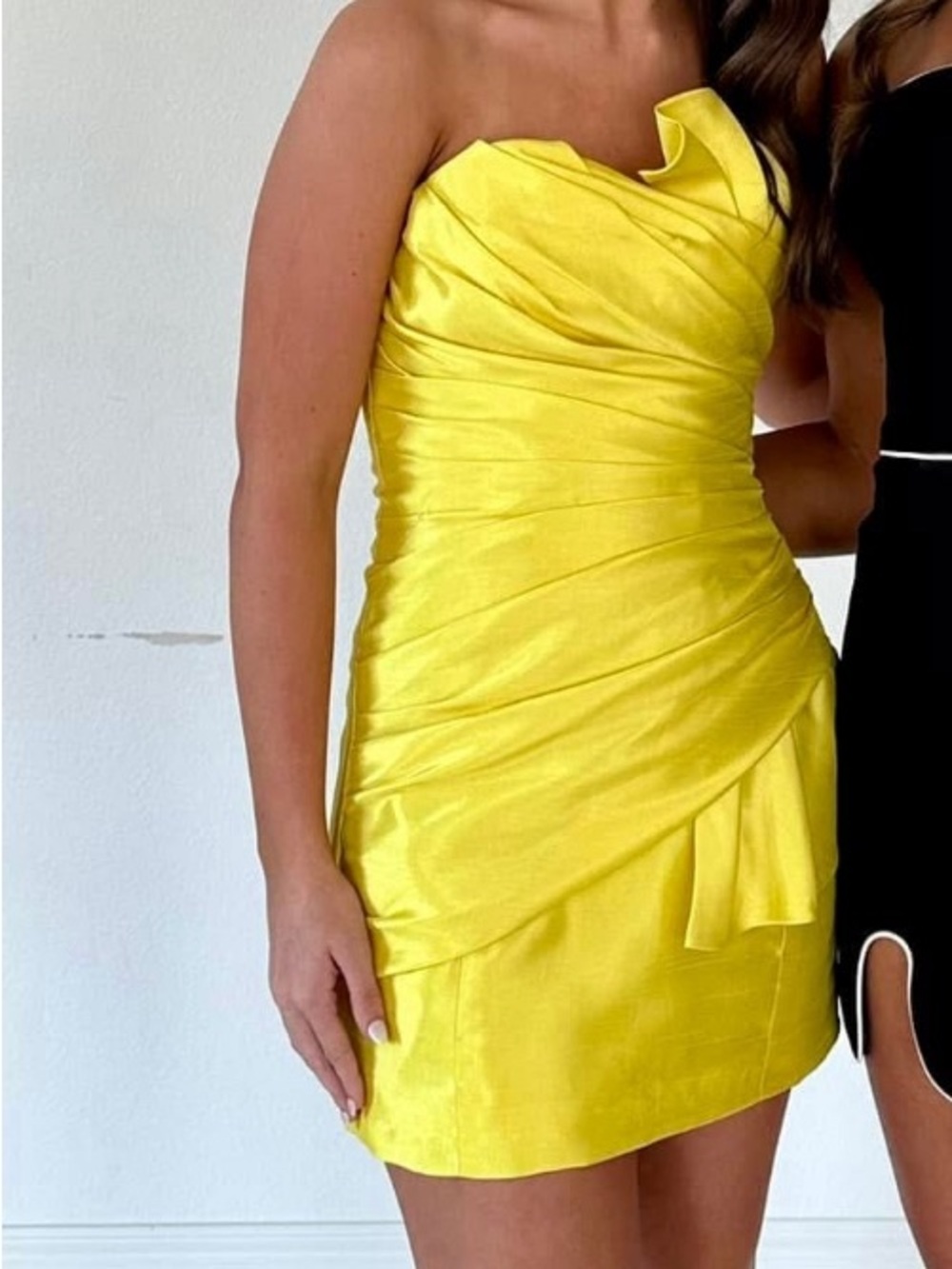 HOUSE OF CB/ Margeurite Yellow Satin Strapless Cocktail Mini Dress